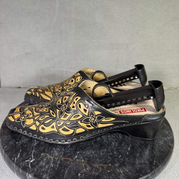 Pikolinos Spanish Design Black & Tan Leather Slip-On Mules Women's Size 37 /6 US - Picture 1 of 9